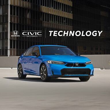 2027 Honda Civic Hatchback Sport Touring Hybrid in Boost Blue Pearl front parked on a rooftop parking lot(Compact Hatchback).